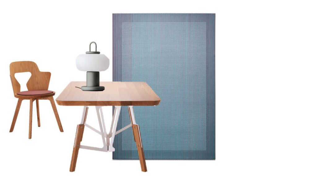 Espaces du design. Lampe Nox, Astep. Table et chaise Stamm, Quodes. Tapis Felt, Ruckstuhl, astep.design, quodes.com, ruckstuhl.com, alfredo-haeberli.com