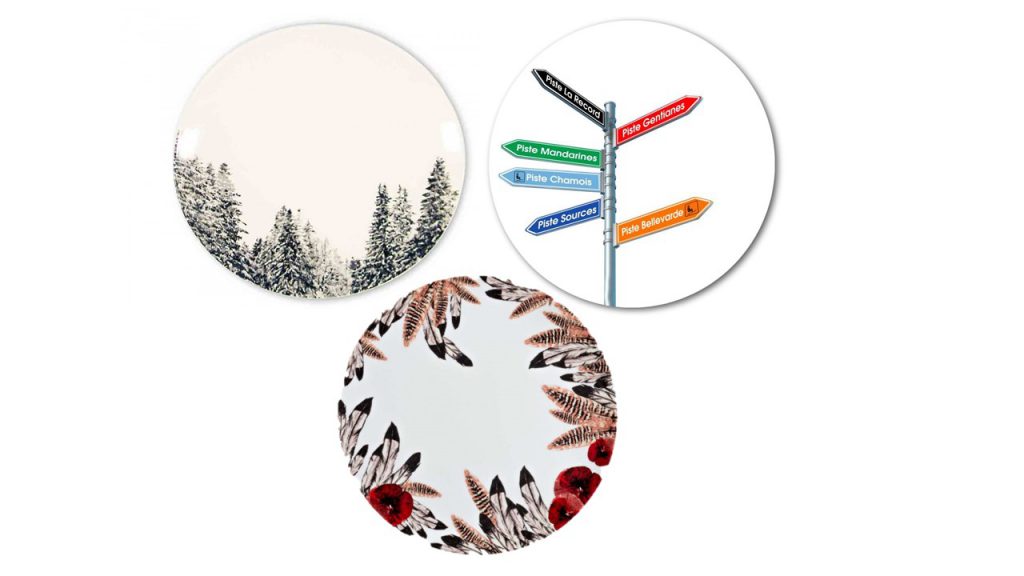 cadeau de Noël design. Assiettes plates Megève, Apache et Sommet. Angel des Montagnes.
