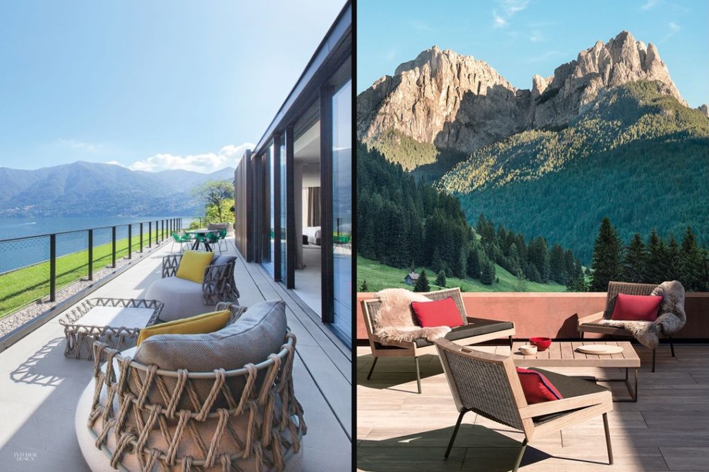 Décoration de terrasse. Meuble de jardin et revêtement Montagne et Lac