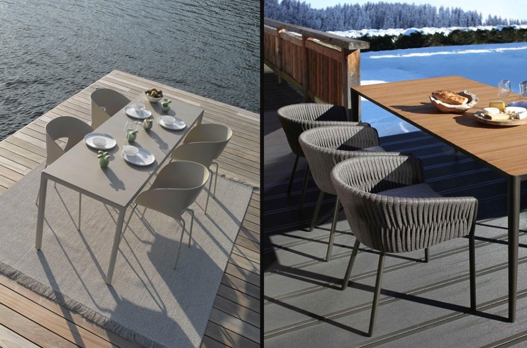 Décoration de terrasse. Meuble de jardin et revêtement Montagne et Lac