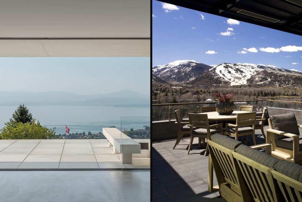 Décoration de terrasse. Meuble de jardin et revêtement Montagne et Lac