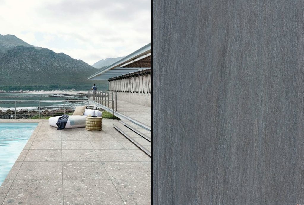 Décoration de terrasse. Meuble de jardin et revêtement Montagne et Lac