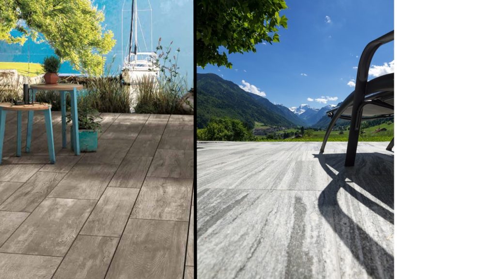 Décoration de terrasse. Meuble de jardin et revêtement Montagne et Lac