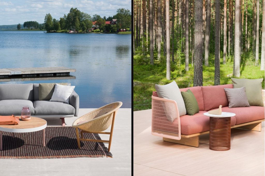 Décoration de terrasse. Meuble de jardin et revêtement Montagne et Lac