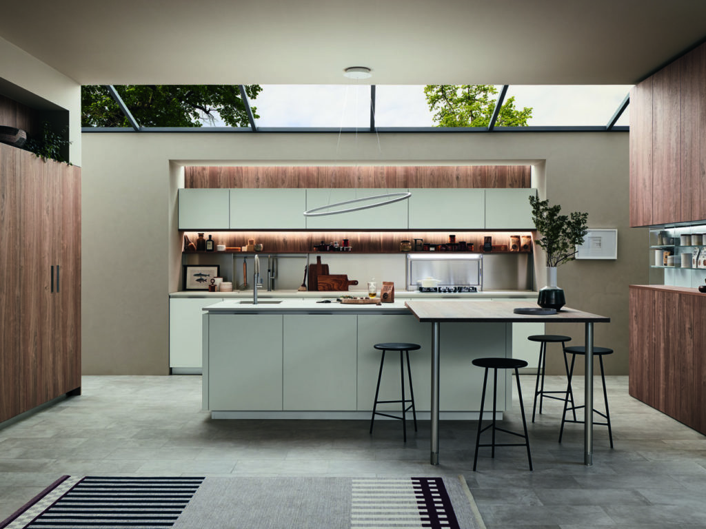 Bar de cuisine, plan snack, table à manger, îlot dans une cuisine design