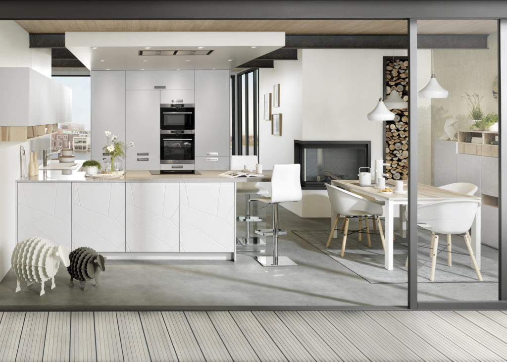 Bar de cuisine, plan snack, table à manger, îlot dans une cuisine design