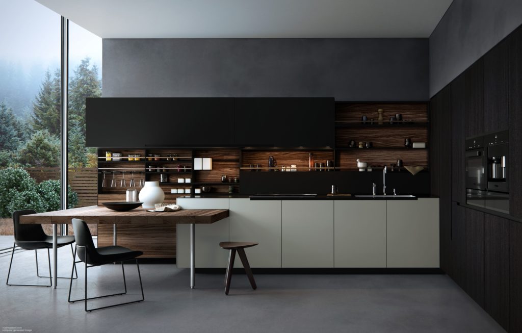 Bar de cuisine, plan snack, table à manger, îlot dans une cuisine design