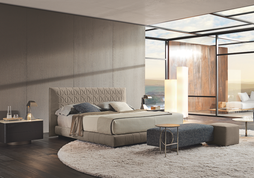 Tête de lit. Lit en tissu. Lit design. Minotti.